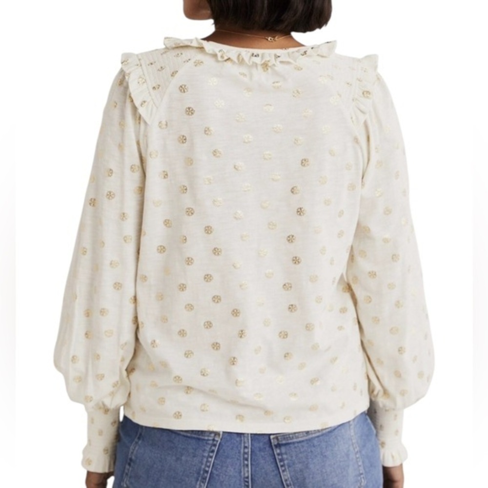 Boden Notch Neck Smocked Frill Top Ivory White Gold Dainty Foil Style T1034 - Picture 2 of 7